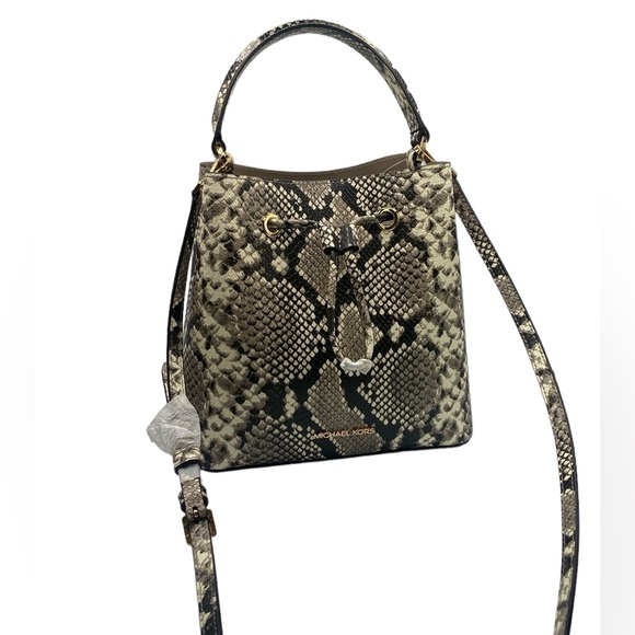 Michael Kors Handbags - Michael Kors Suri Python embossed leather bucket crossbody hand bag beige black